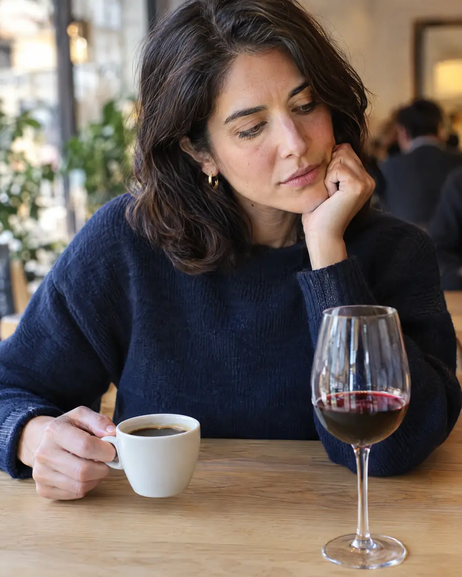 Mujer con un café y una copa de vino, bebidas que manchan los dientes