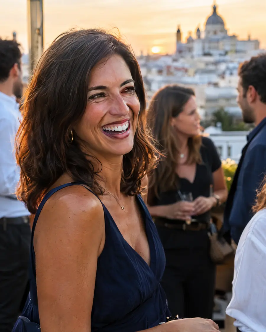 Mujer riendo con una sonrisa blanca al atardecer