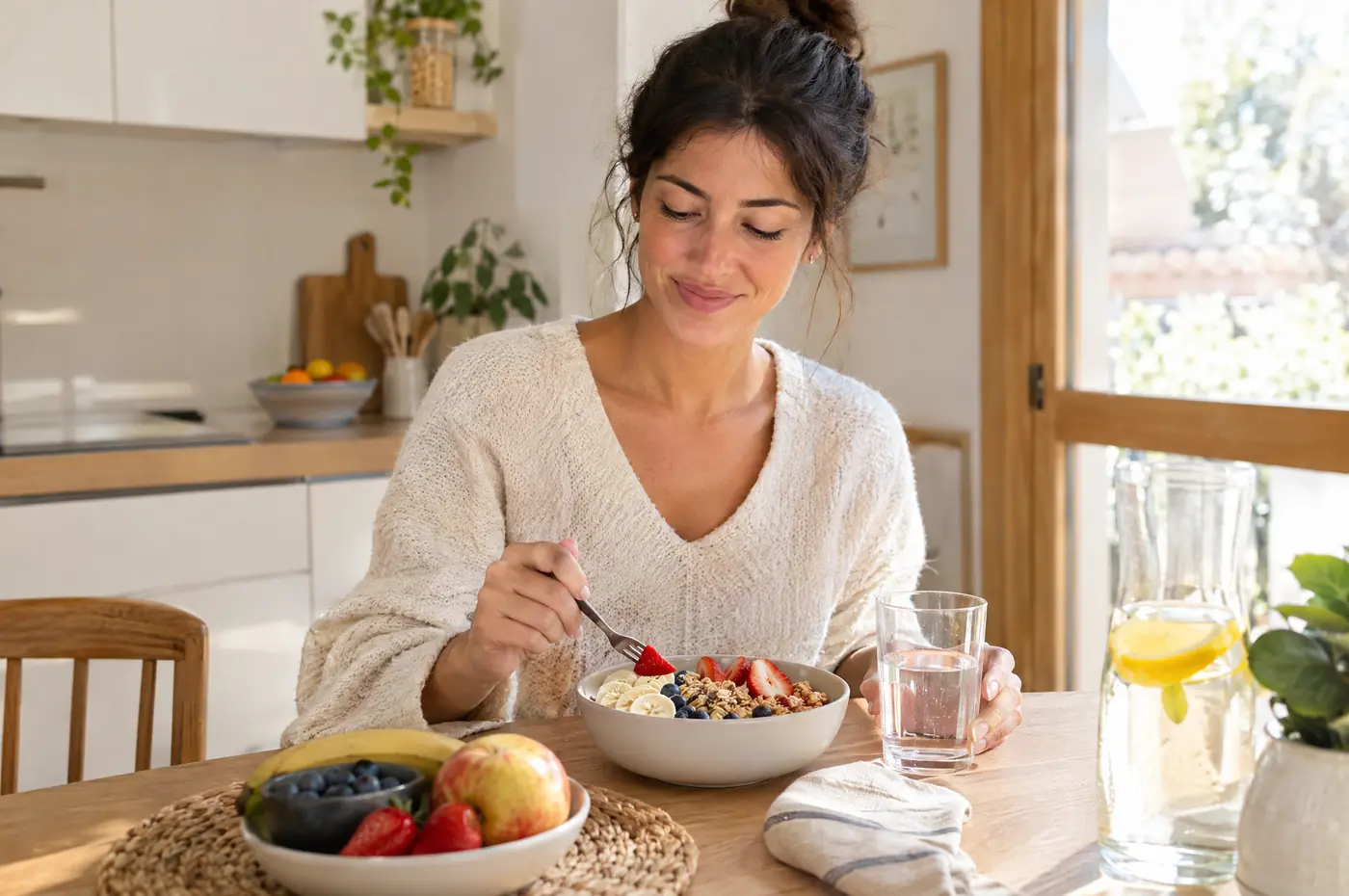 Mujer desayunando sin café ni bebidas que manchan