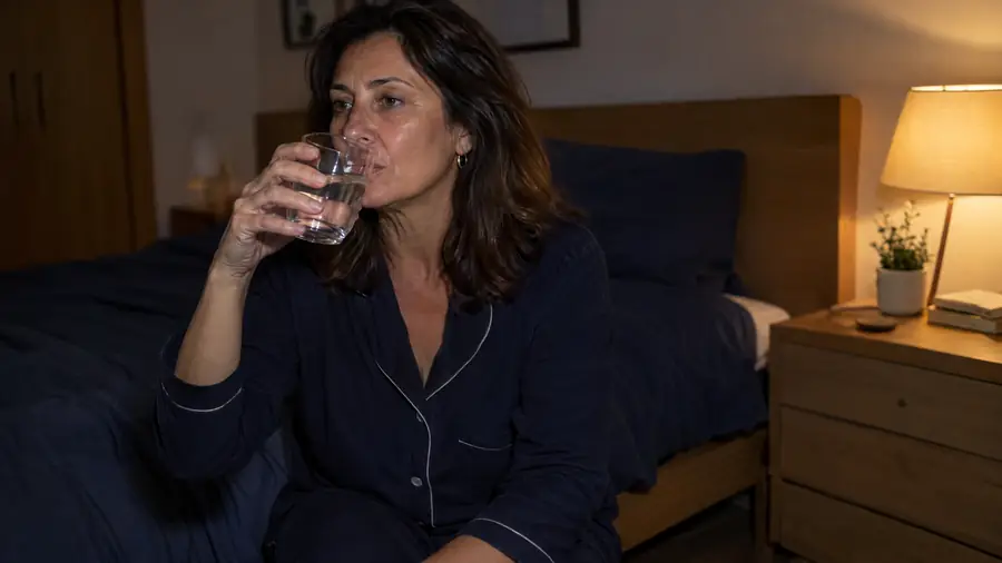 Mujer bebiendo agua por la noche por sequedad de boca