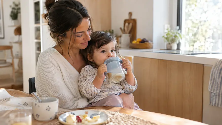 Madre con su bebé bebiendo en vaso