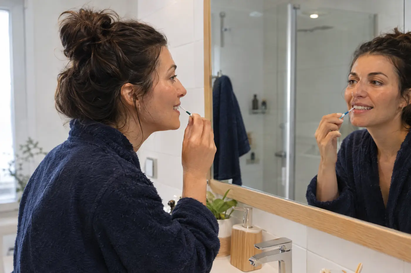 Mujer usando un cepillo interdental frente al espejo