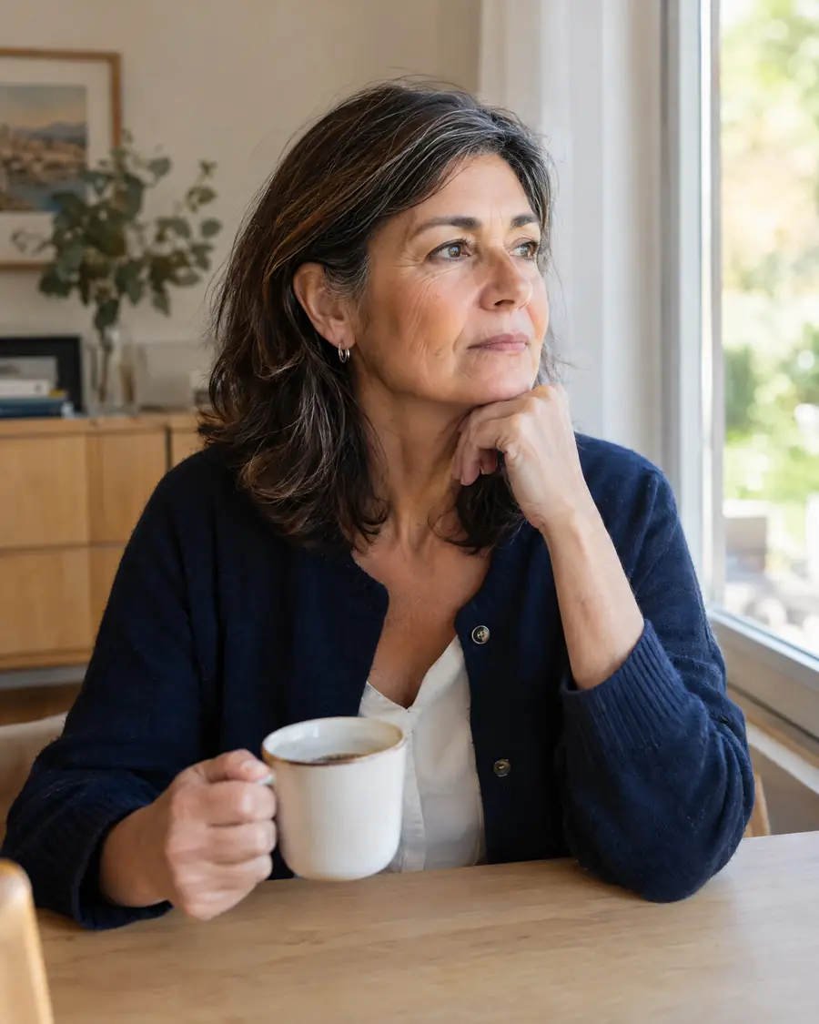 Mujer reflexionando sobre su tratamiento en casa