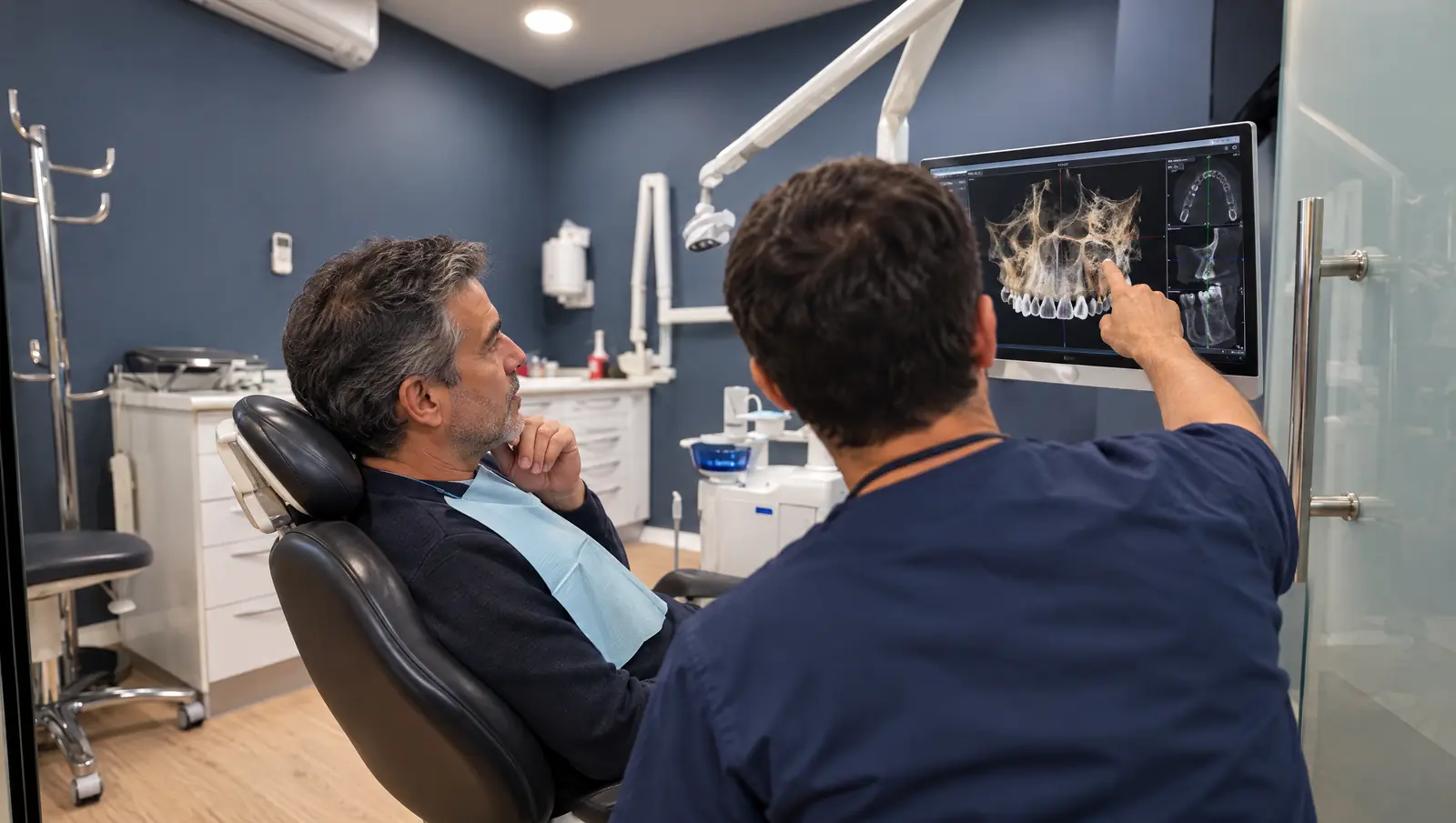 Paciente viendo el TAC 3D de su maxilar superior en Odontis Rivas