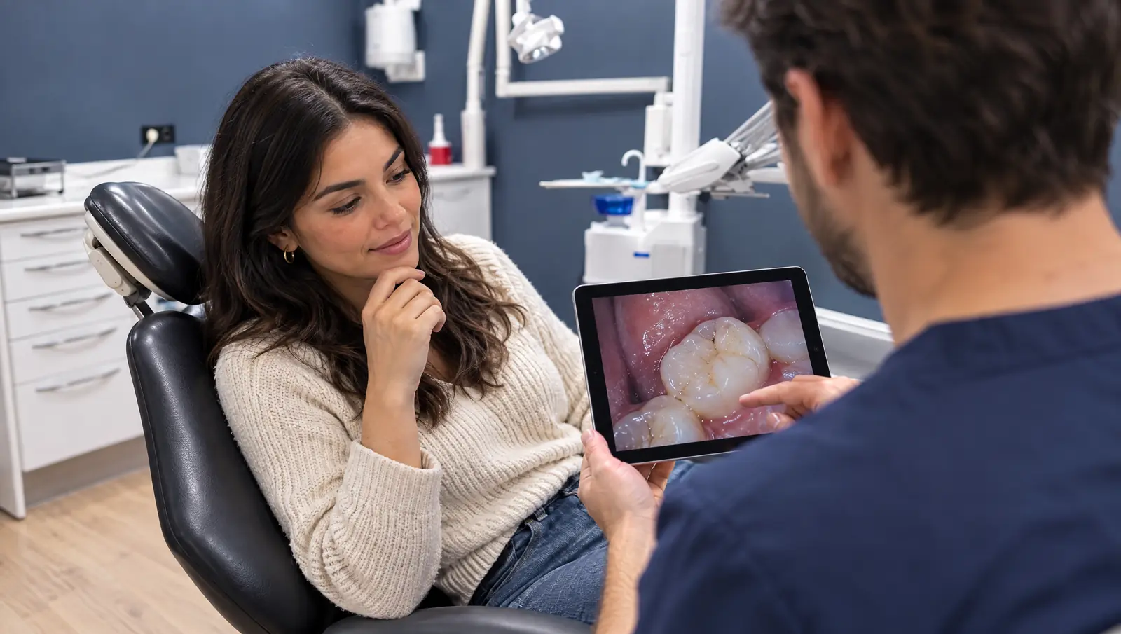 Paciente mirando en una tablet la foto intraoral de su muela antes de un empaste en Odontis Rivas