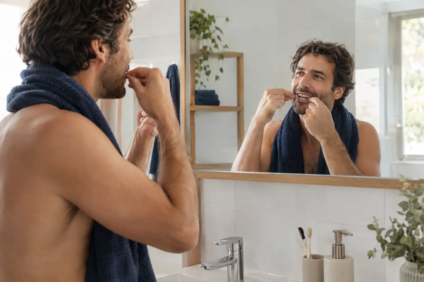 Hombre usando seda dental frente al espejo para prevenir caries