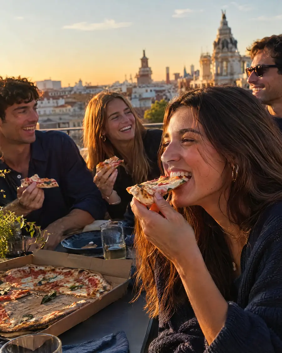 Amigos riendo mientras comen pizza en una terraza