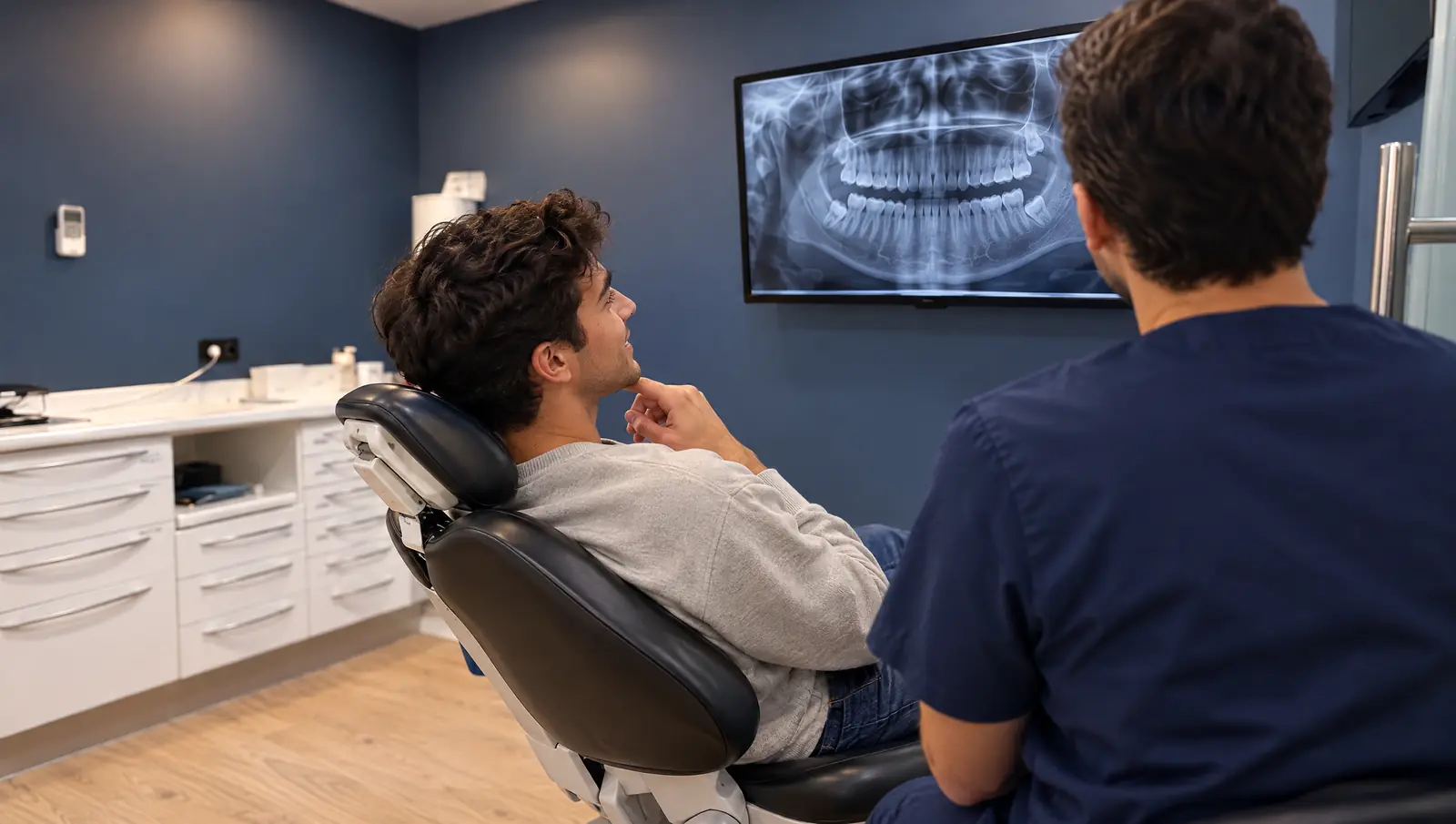 Paciente joven viendo en el monitor la radiografía panorámica de sus muelas del juicio en Odontis Rivas