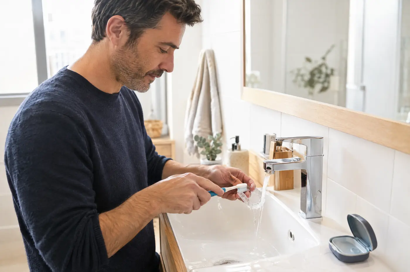 Hombre limpiando su férula de descarga en el lavabo