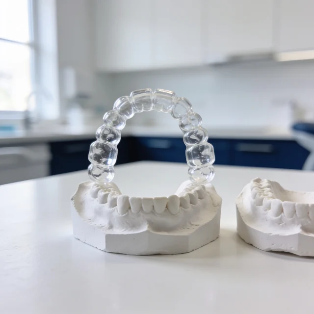 Férula de descarga transparente sobre un modelo de arcada superior en Odontis Instituto Dental Rivas