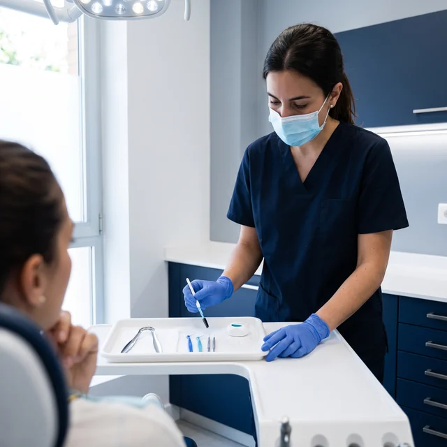 Higienista mostrando limpiador lingual, cepillos interproximales y seda para el tratamiento de la halitosis en Odontis Rivas