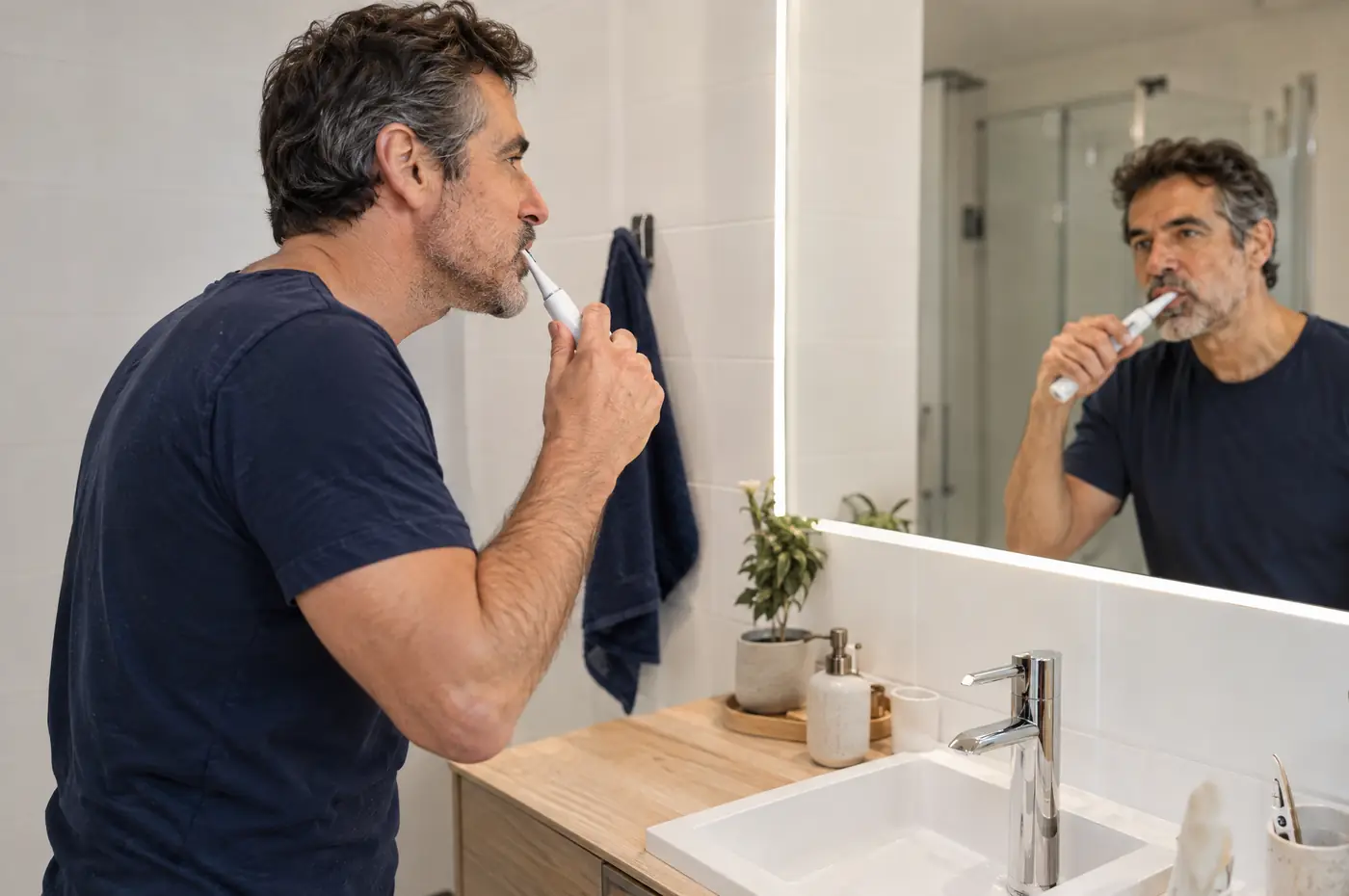 Hombre cepillándose los dientes con cepillo eléctrico