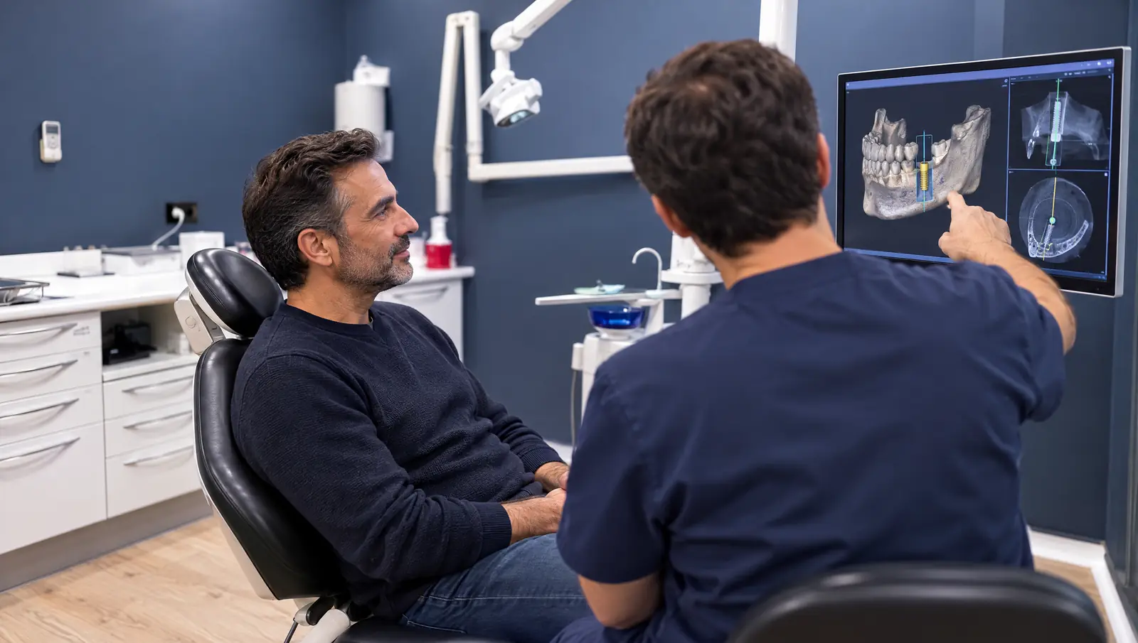 Paciente viendo la planificación 3D de su implante dental con el odontólogo en Odontis Rivas
