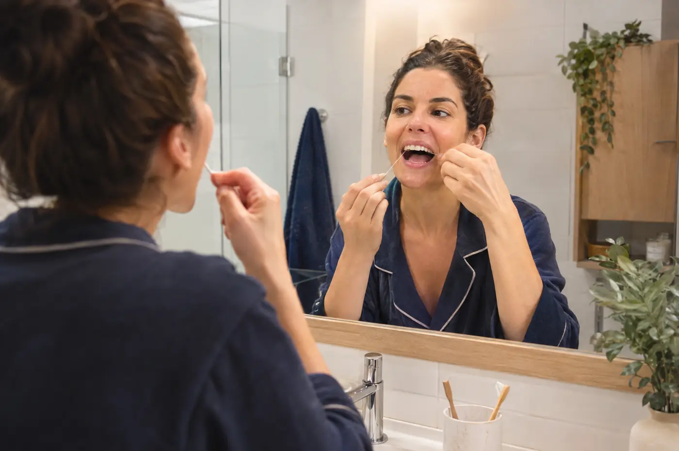 Mujer usando seda dental ante el espejo