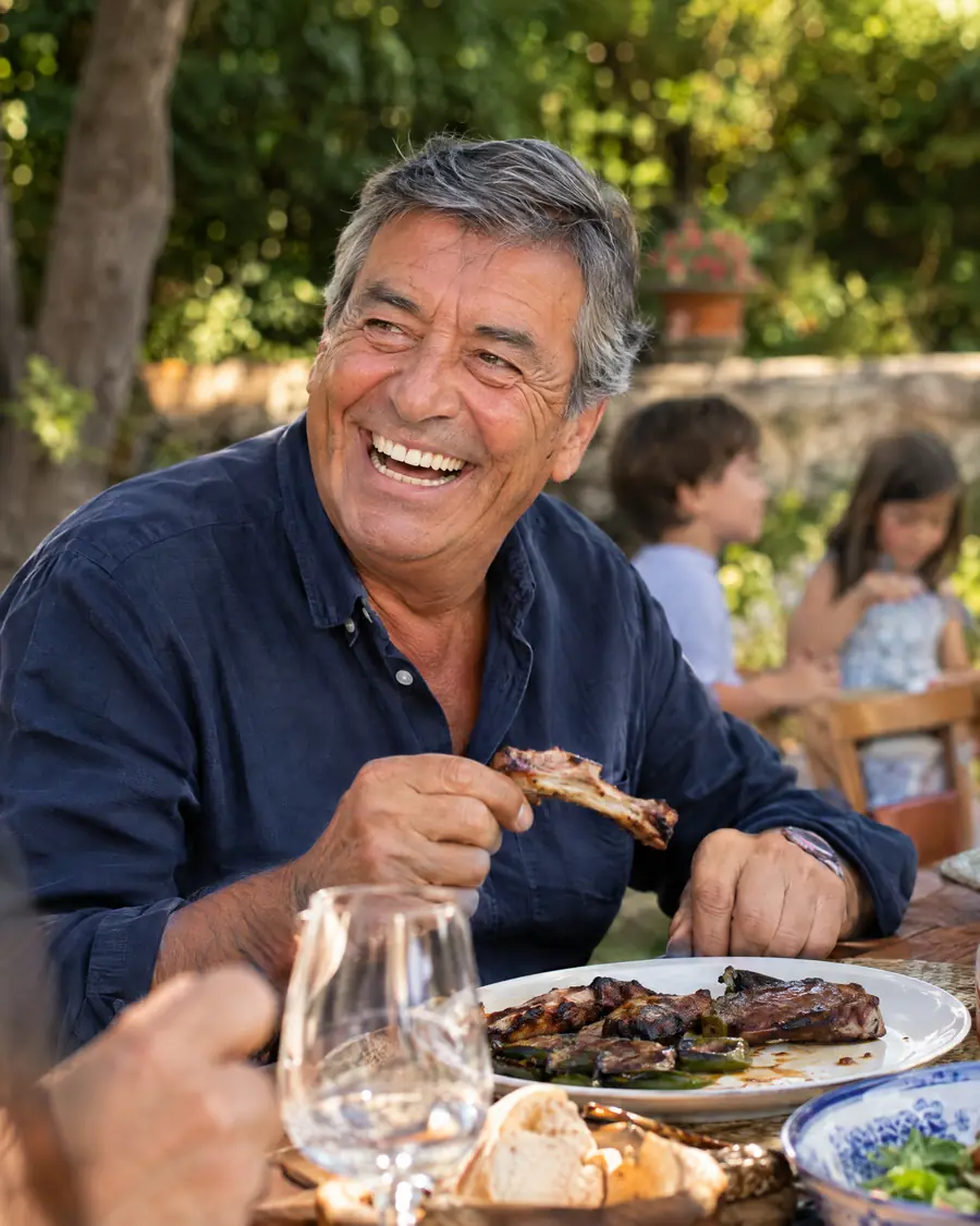 Hombre riendo mientras come con su familia en el jardín