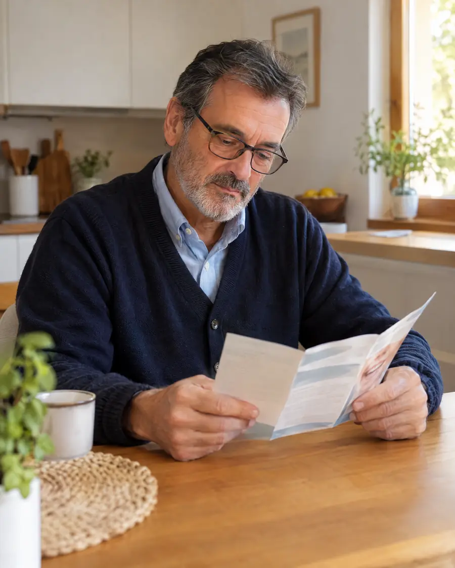 Hombre leyendo con calma la información de su tratamiento en casa