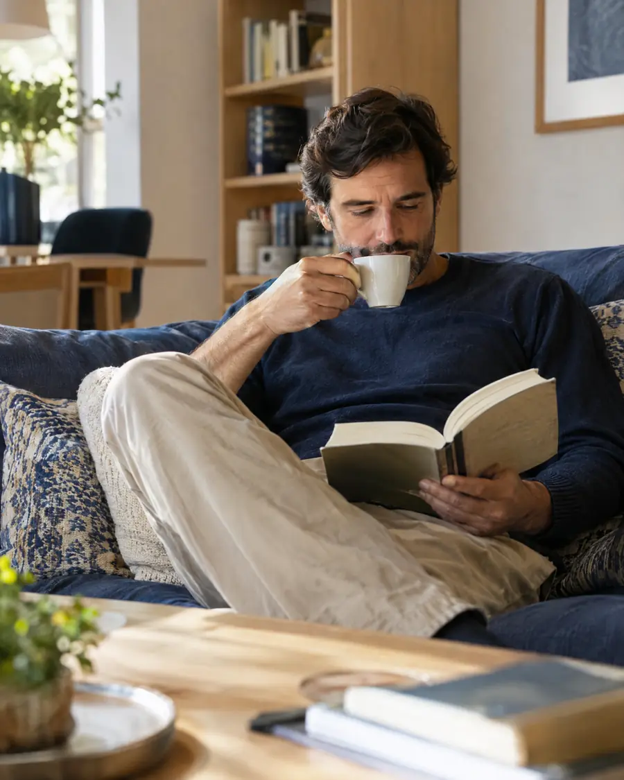 Hombre tomando café en casa