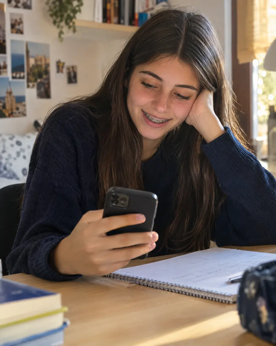 Chica con brackets estudiando en casa