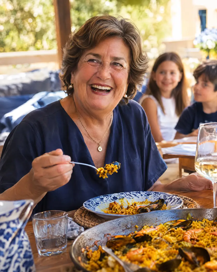 Abuela riendo mientras come paella con su familia