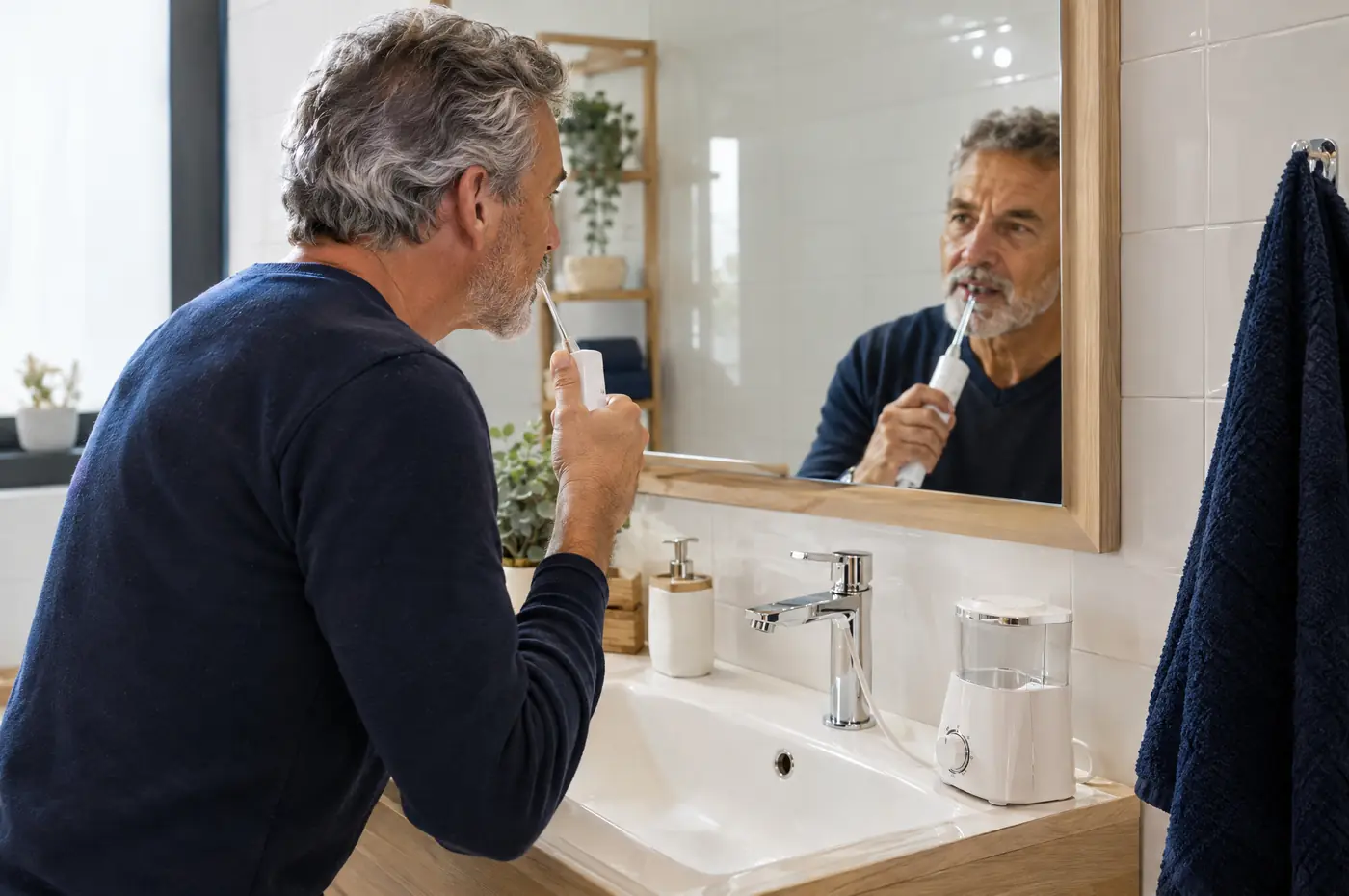 Hombre usando un irrigador dental frente al espejo