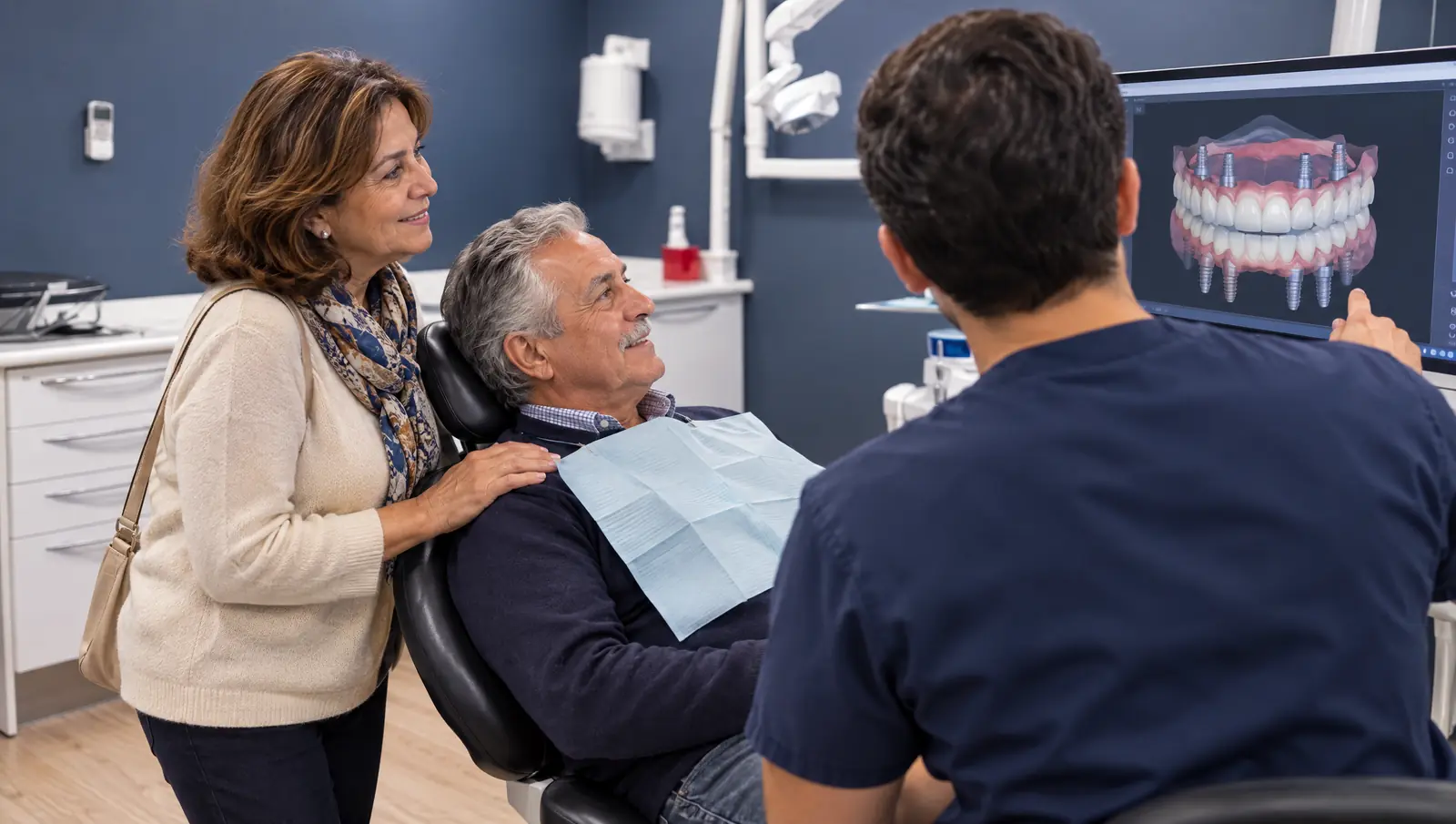Pareja viendo en el monitor la planificación de una prótesis fija sobre implantes en Odontis Rivas