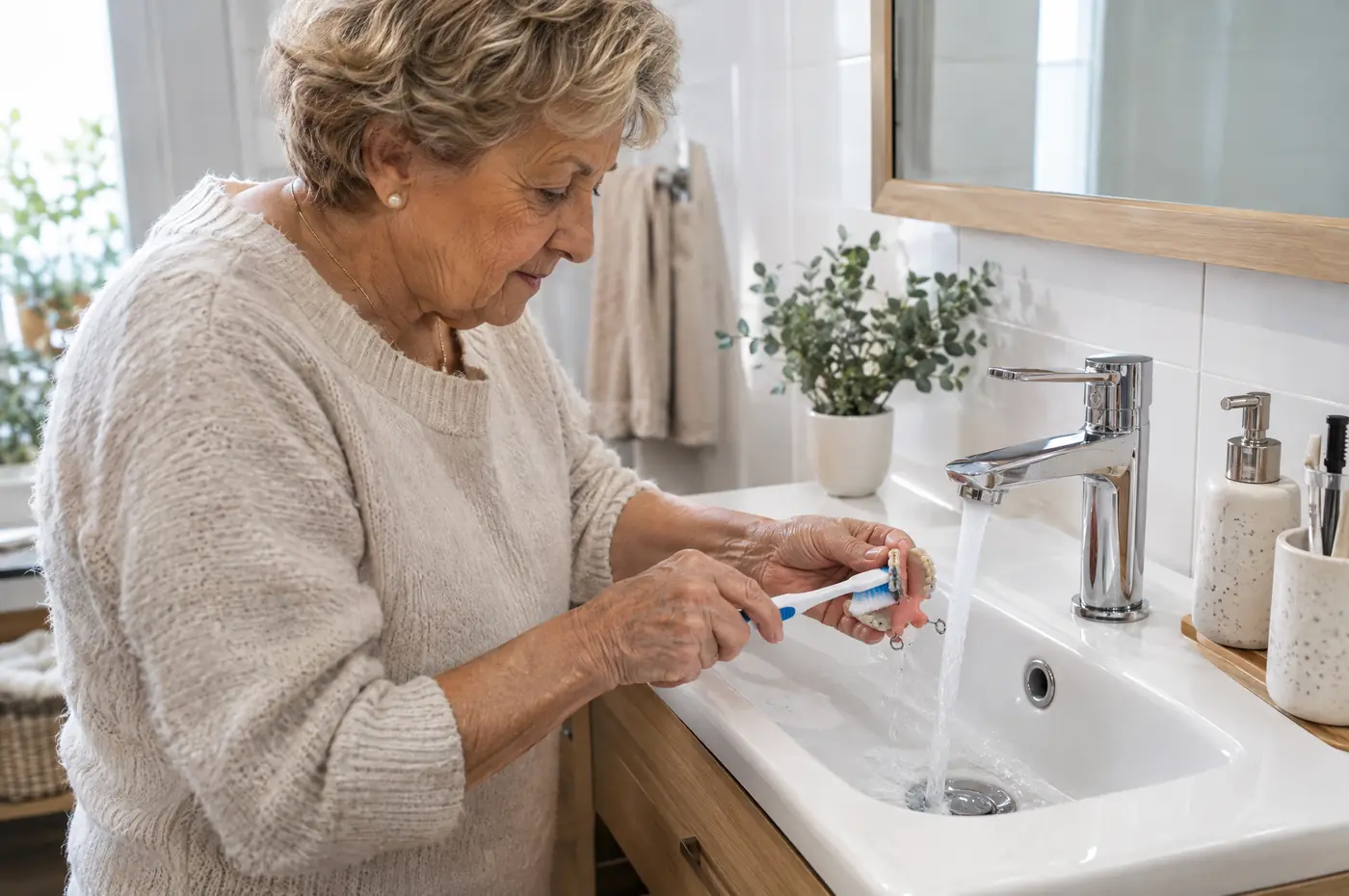 Mujer limpiando su prótesis removible bajo el grifo