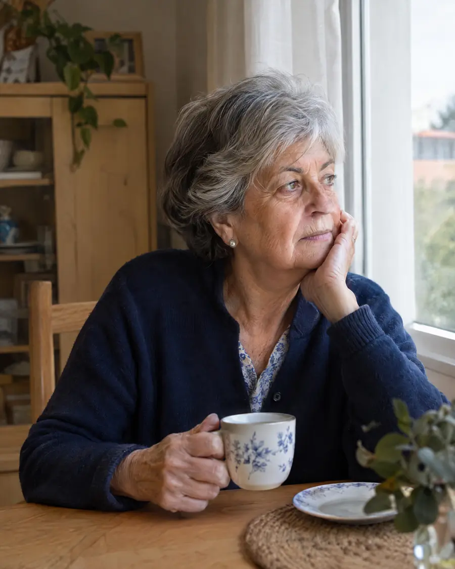 Mujer mayor pensativa junto a la ventana con una taza de té
