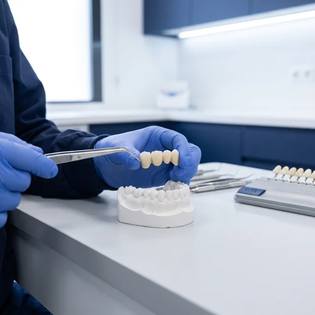 Puente dental fijo de cerámica sobre un modelo de arcada en el laboratorio de Odontis Rivas