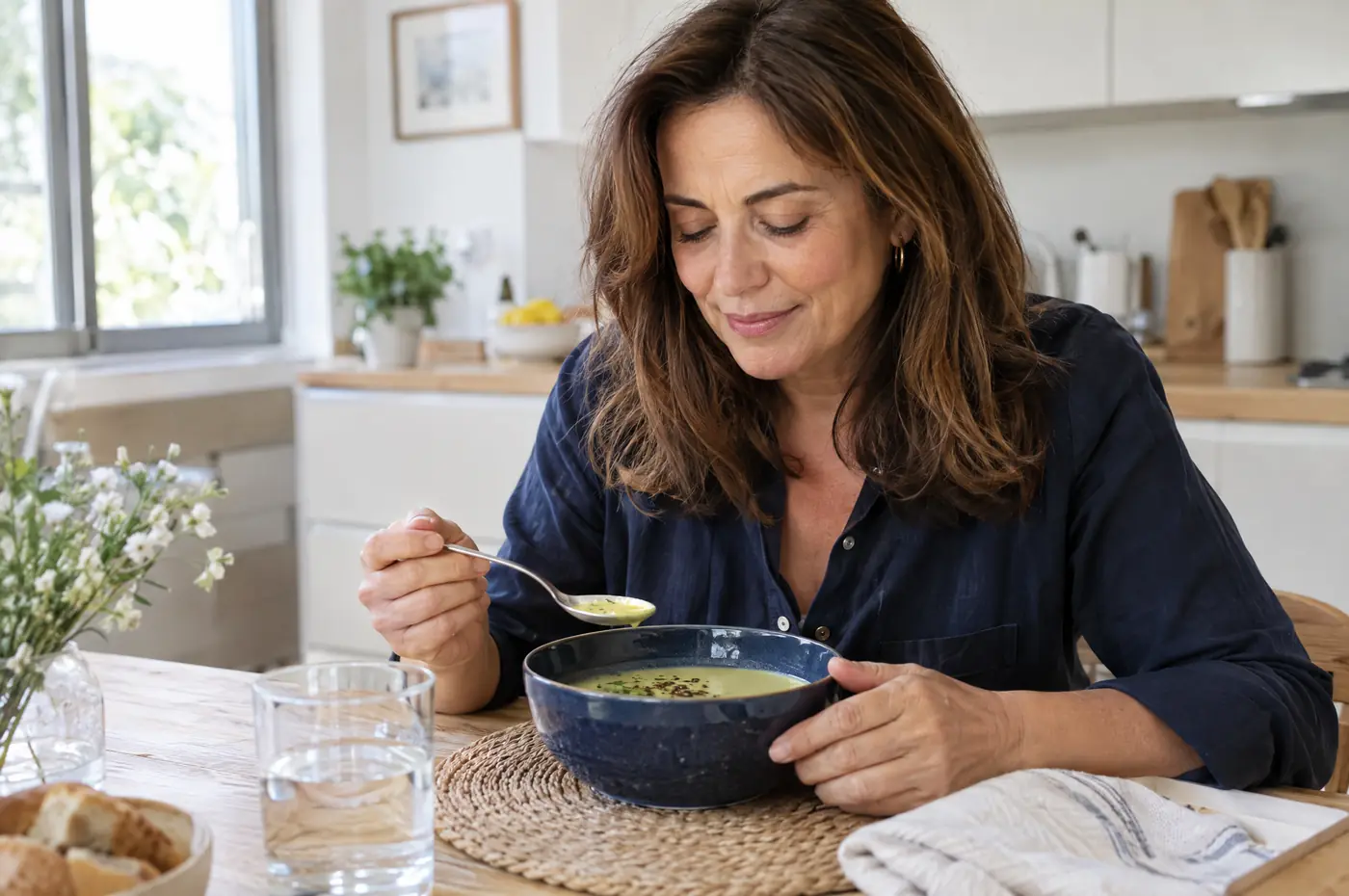 Mujer comiendo una crema en la mesa de la cocina