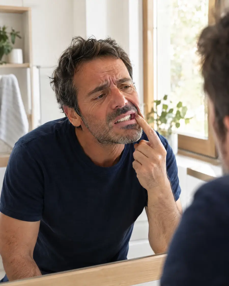 Hombre mirándose en el espejo una muela rota