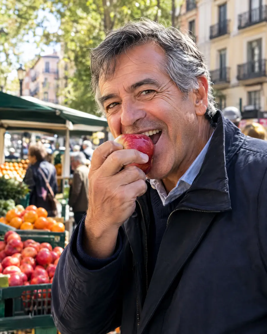 Hombre sonriente mordiendo una manzana en un mercado
