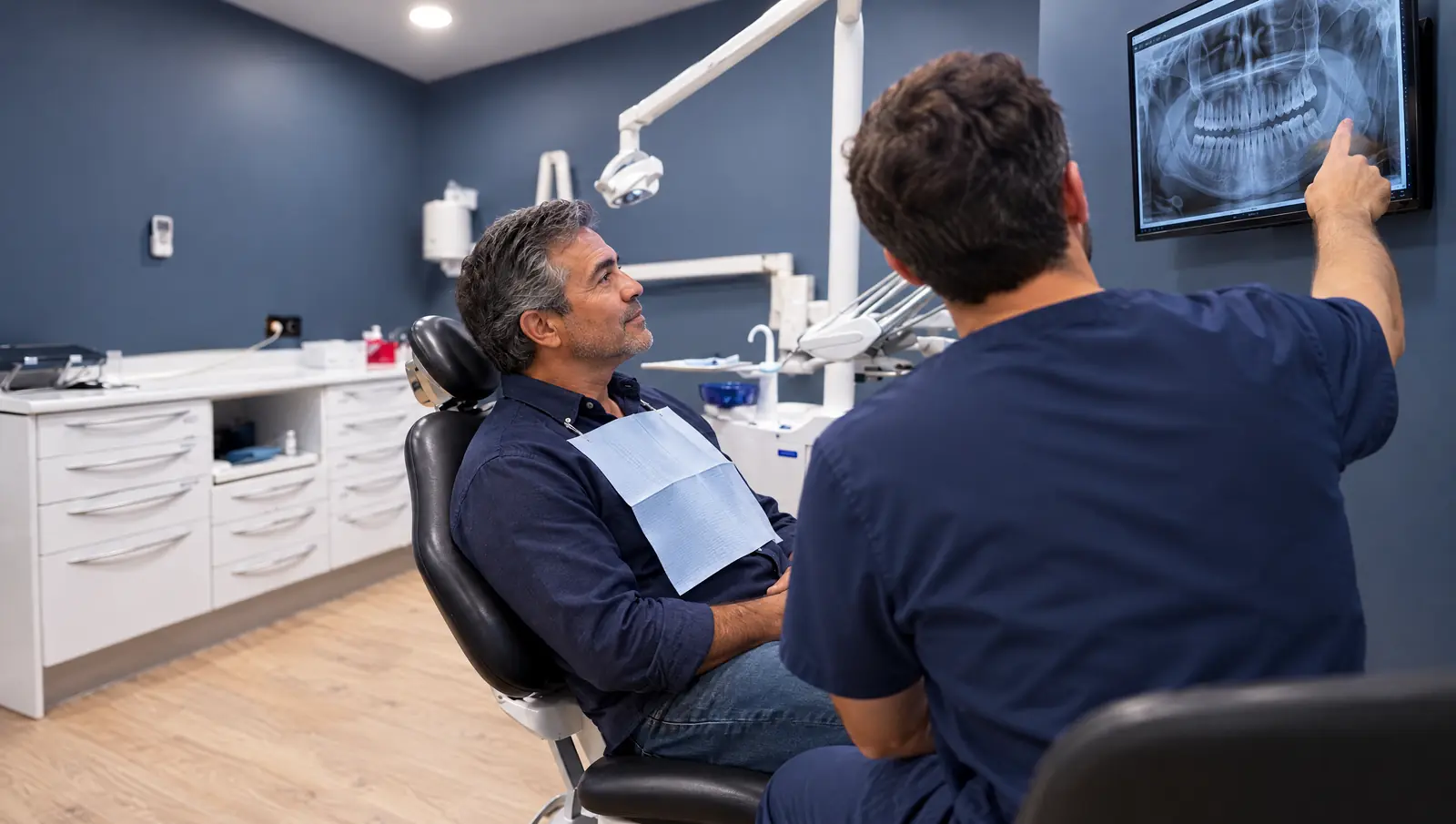 Paciente viendo su radiografía dental en el monitor mientras el odontólogo le explica la reconstrucción