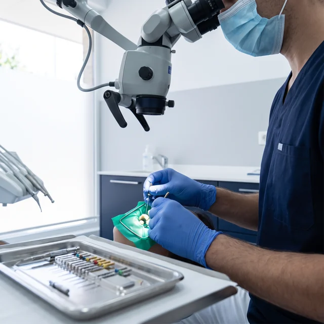 Retratamiento de conductos con microscopio dental y aislamiento absoluto en Odontis Instituto Dental Rivas
