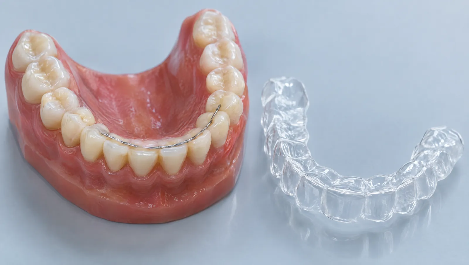 Los dos tipos de retenedor: alambre fijo pegado por dentro de los dientes y férula transparente removible