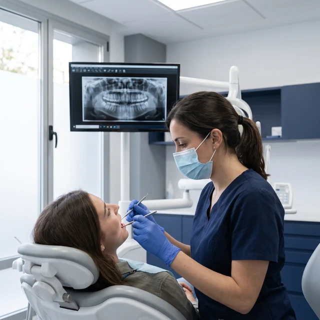 Revisión dental con espejo y sonda junto a una radiografía panorámica en Odontis Instituto Dental Rivas