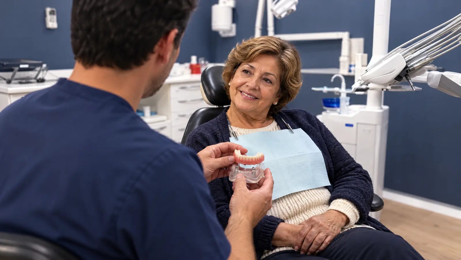 Paciente viendo una sobredentadura sobre implantes con el odontólogo en Odontis Rivas