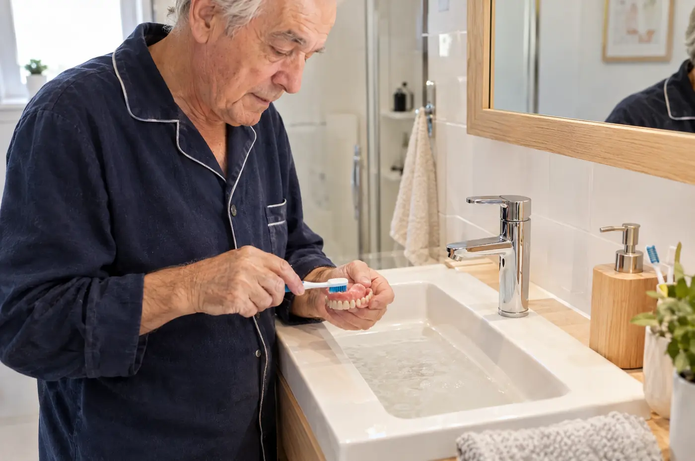Paciente limpiando su prótesis sobre implantes