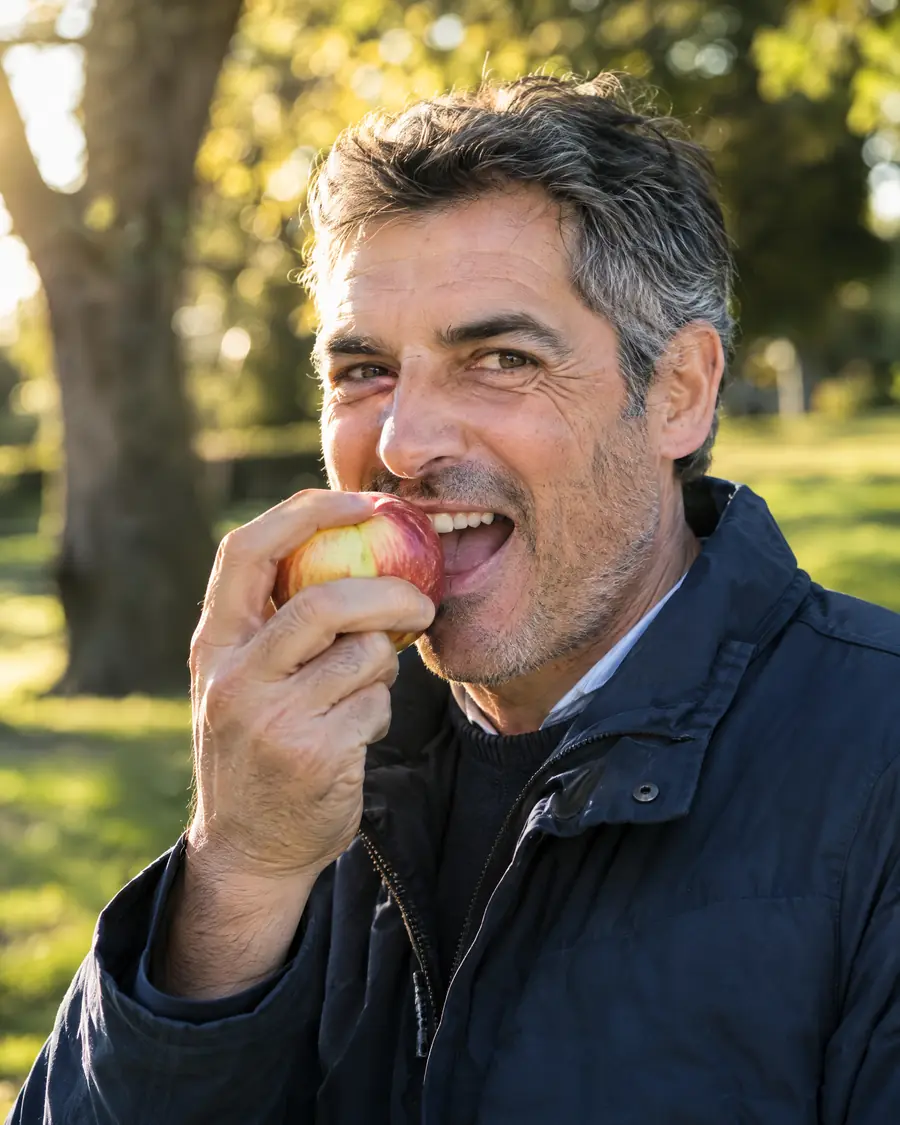 Hombre mordiendo una manzana con las encías sanas