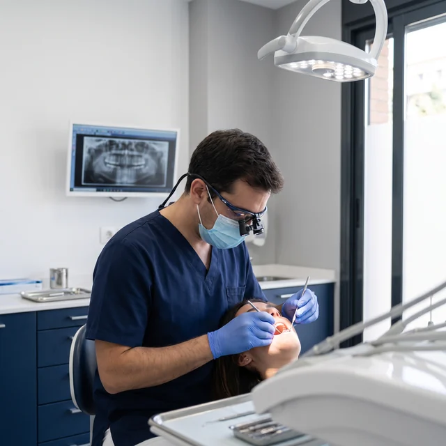 Odontólogo examinando a un paciente durante una urgencia dental en Odontis Instituto Dental Rivas